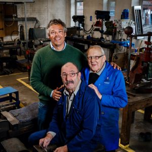 Paul Jacobs with master putter-togetherers Cliff Denton and Eric Stones of Ernest Wright scissor makers. Photo by Carl Whitham.