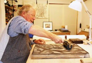 Rod Nelson Woodblock Printmaker in his studio